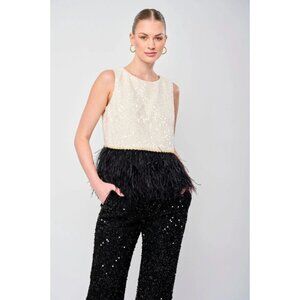 Flora Bea NYC Bello Top Tweed Sequin Jewel & Feathers in Mistletoe Tweed Size L